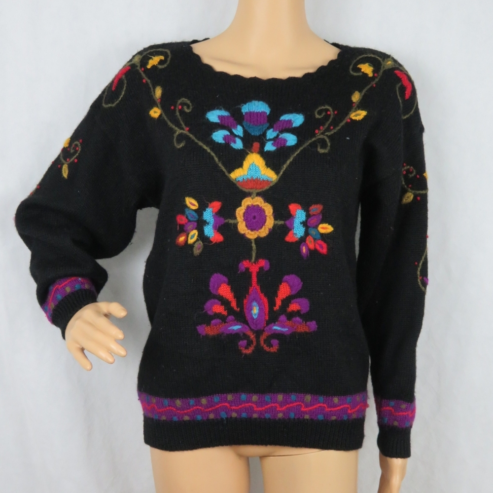 Vintage Sweater Floral Fancy Flowers 90s Colorful Pullover Grandma Knig Cute